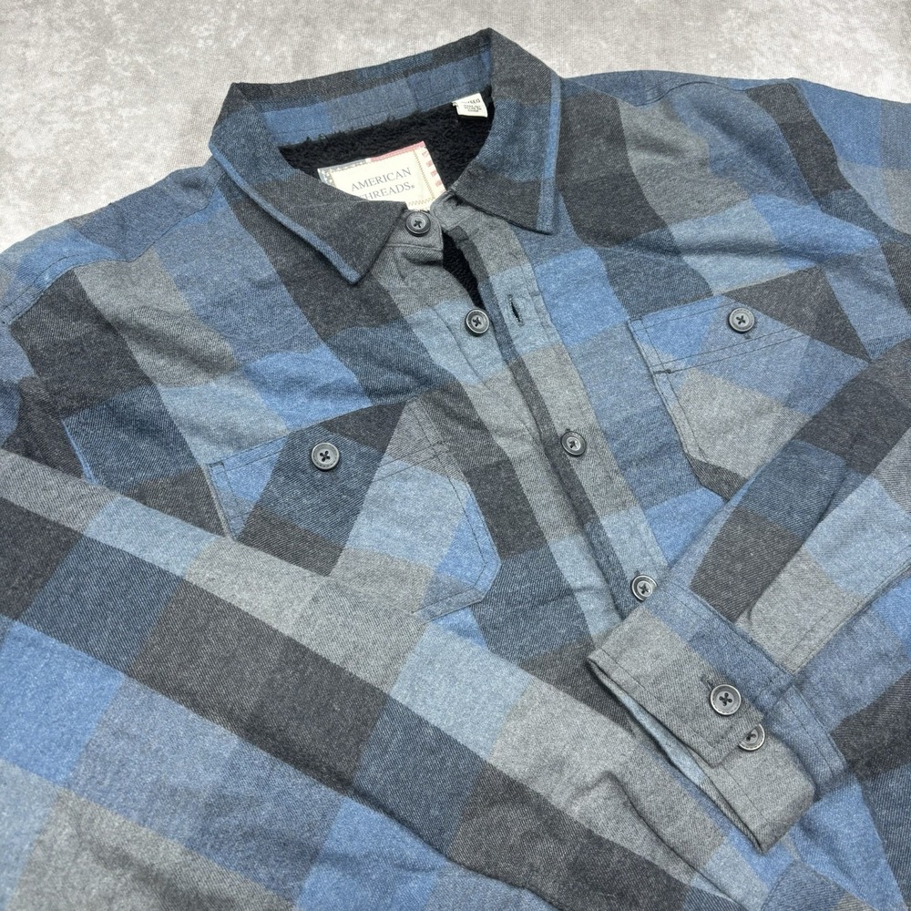 American Threads Blue Gray Plaid Shirt Jacket Sz 2XL Sherpa/Fur Lined Outdoors